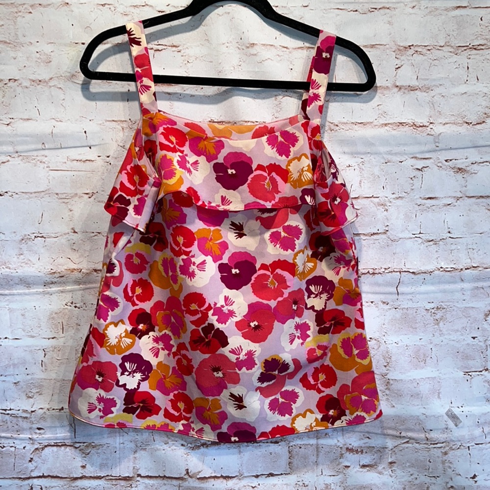 Cabi 5602 small blouse tank footloose cami pansies ruffle floral pink